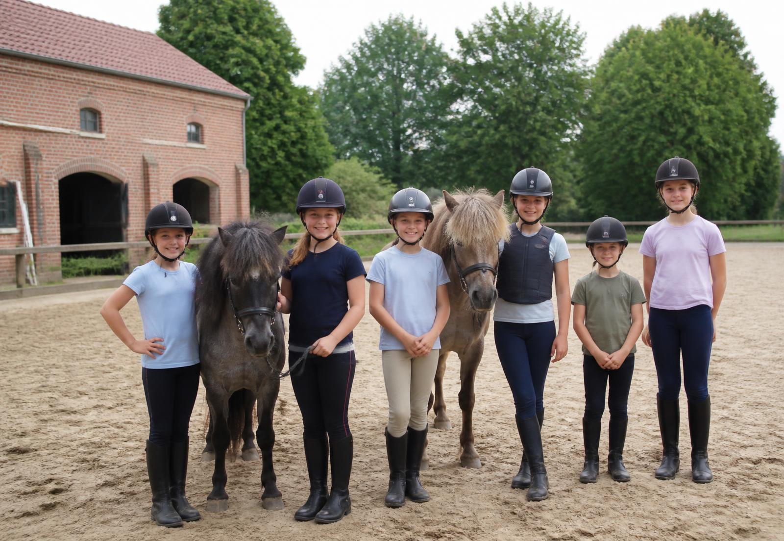 Kinderen met pony's tijdens een kamp op een Vlaamse manège