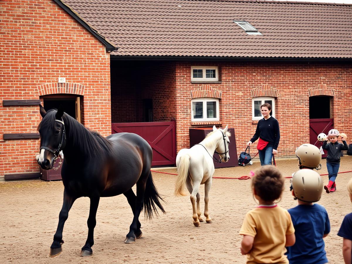 Lesgeefster met twee pony's op het erf van een ruiterschool