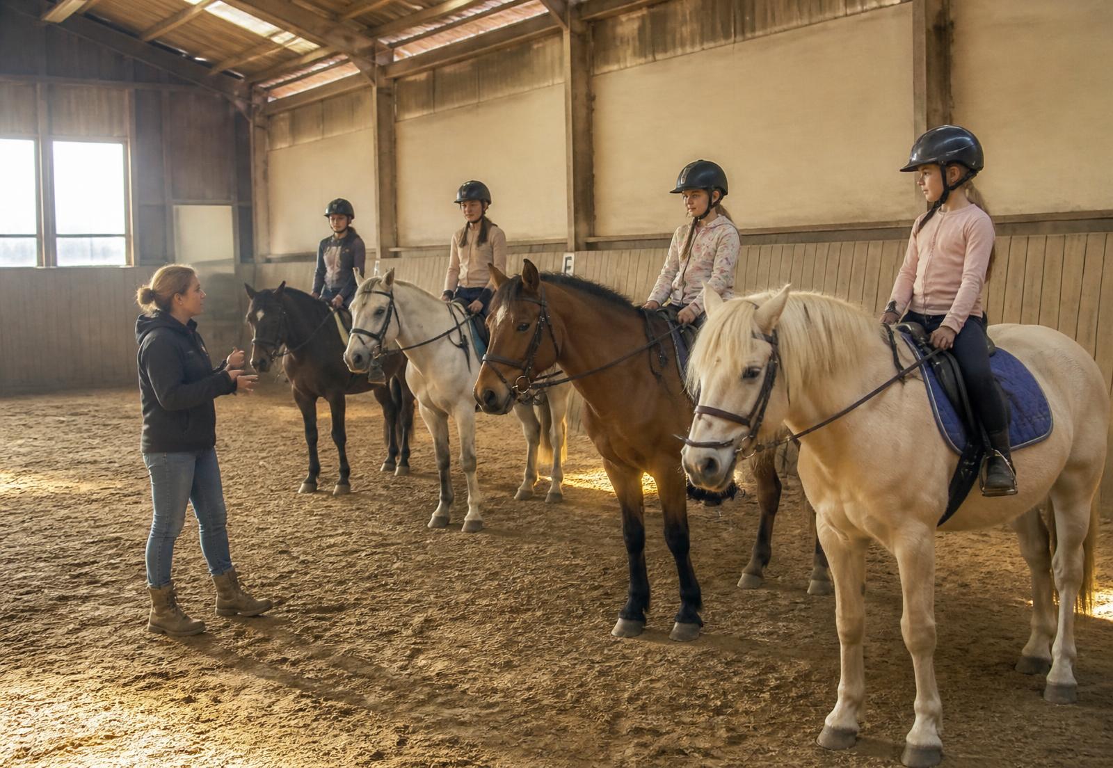 Lesgeefster geeft groepsles aan kinderen te paard in een binnenpiste